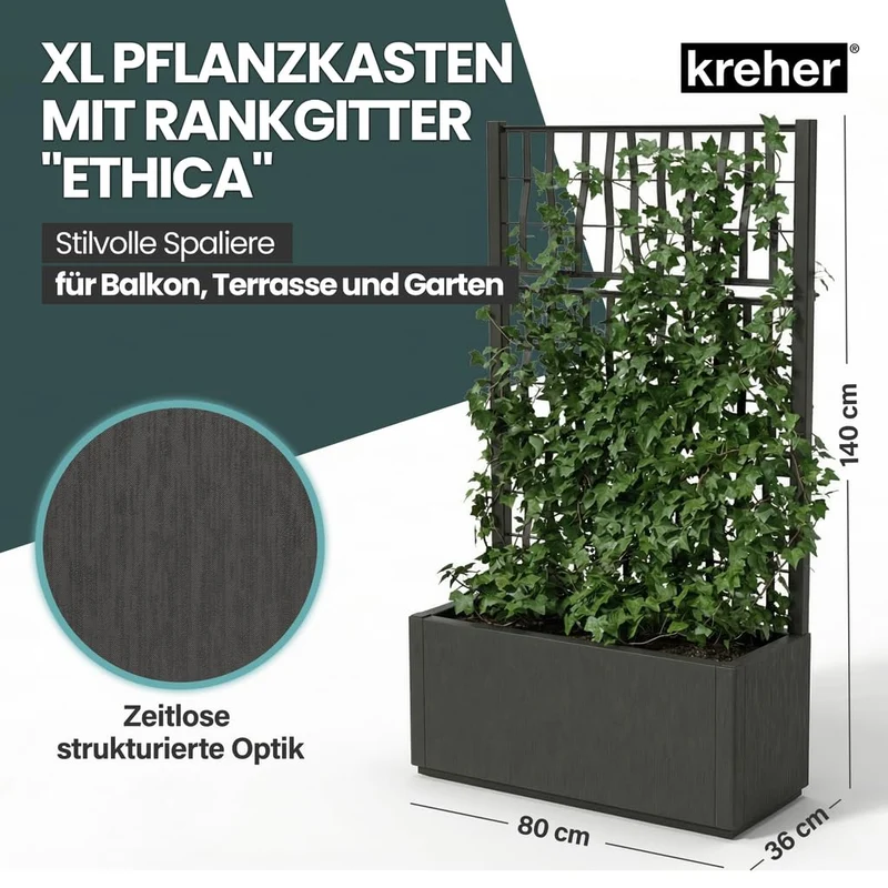 Kreher Ethica Rankgitter mit Pflanzkasten, Anthrazit, 80 x 36 x 140 cm