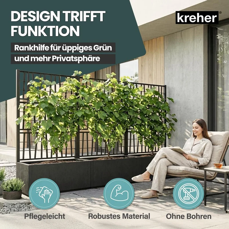 Kreher Ethica Rankgitter mit Pflanzkasten, Anthrazit, 80 x 36 x 140 cm