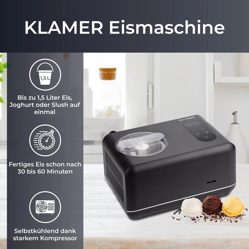 KLAMER 3-in-1 Eismaschine, Slushmaschine & Joghurtbereiter 1,5 L