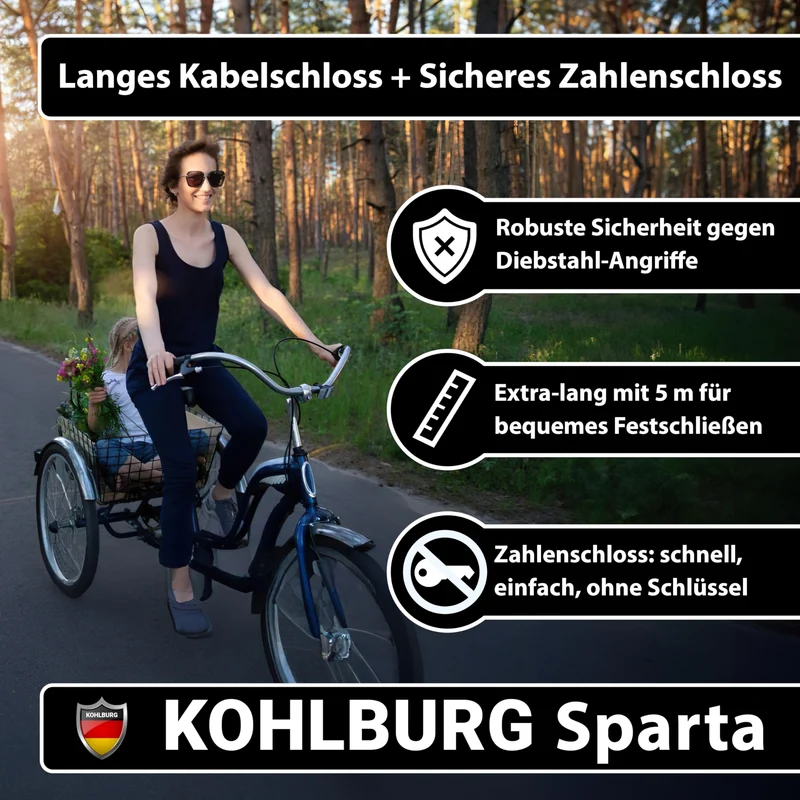 KOHLBURG Sparta Kabelschloss 5 m mit Zahlenkombination Stahlseil