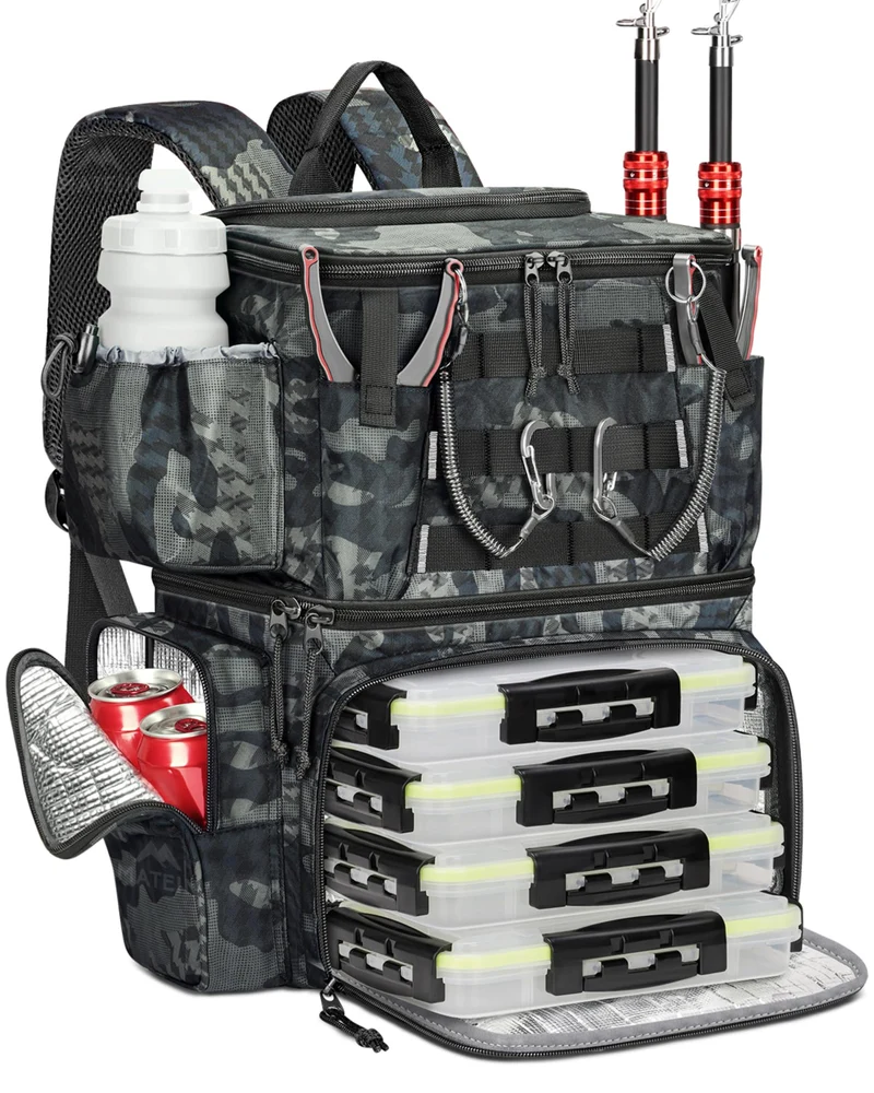MATEIN Angelrucksack mit 4 Köderboxen, Rutenhalter und Kühlfach