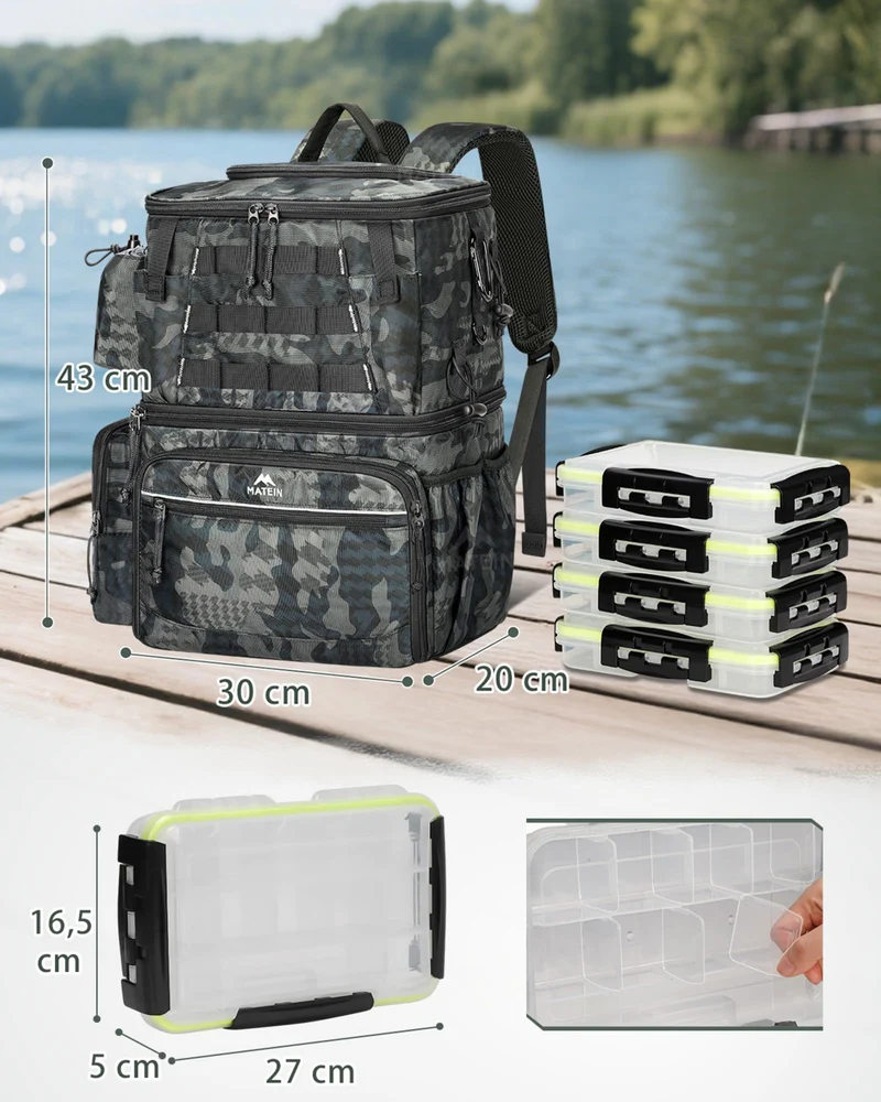MATEIN Angelrucksack mit 4 Köderboxen, Rutenhalter und Kühlfach