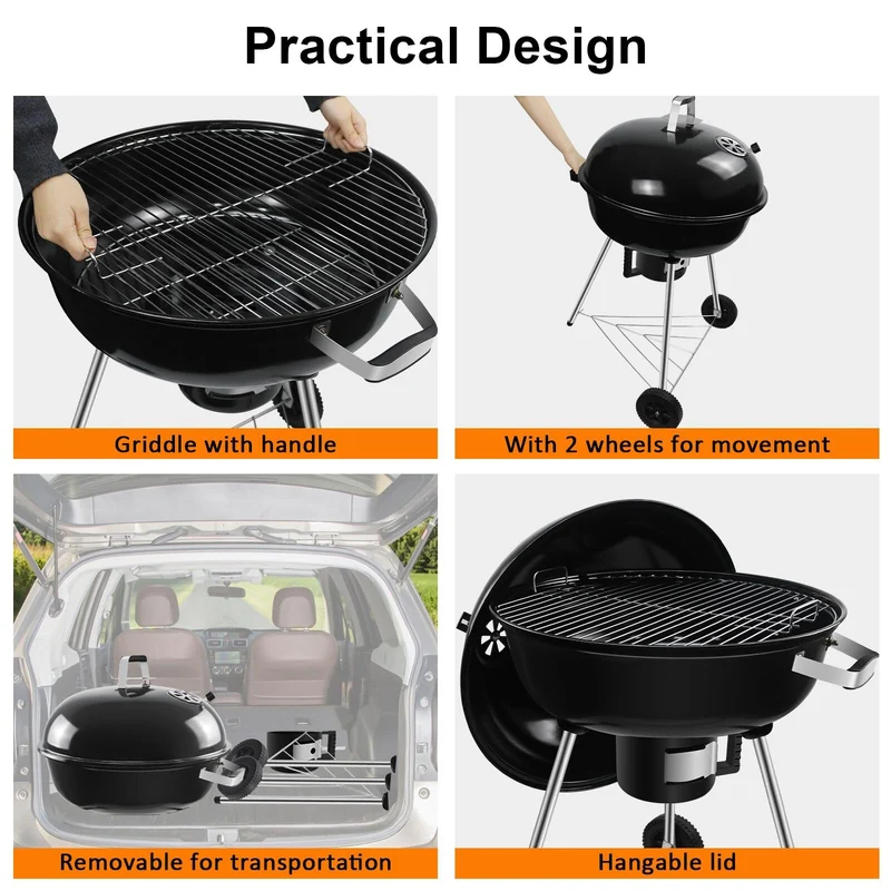 kisidus Kugelgrill Holzkohlegrill mit Deckel und Rädern, 54 cm