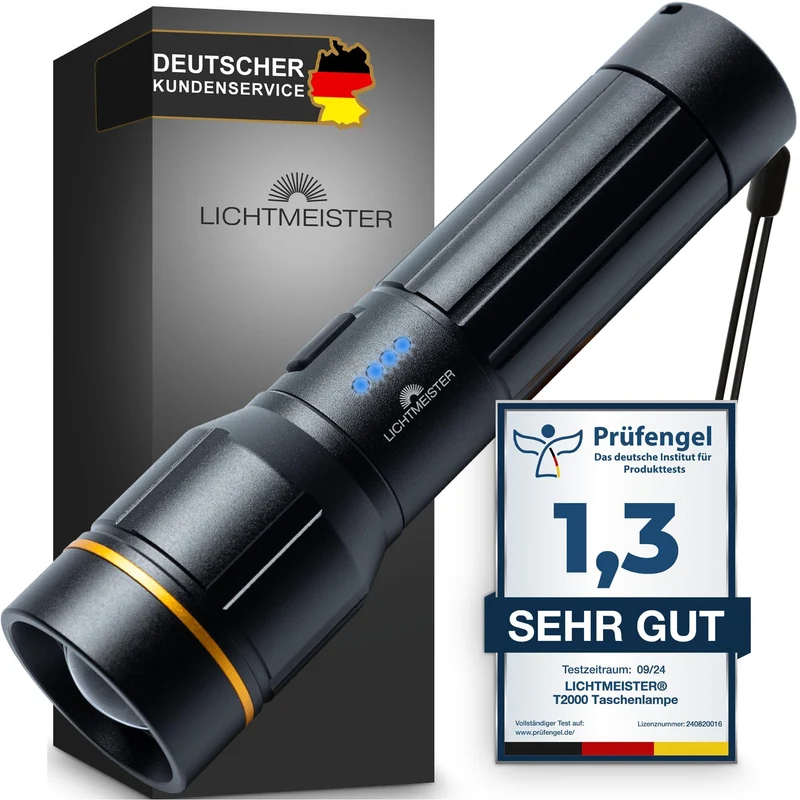 LICHTMEISTER LED Taschenlampe LM_T2000, 2000 Lumen, aufladbar
