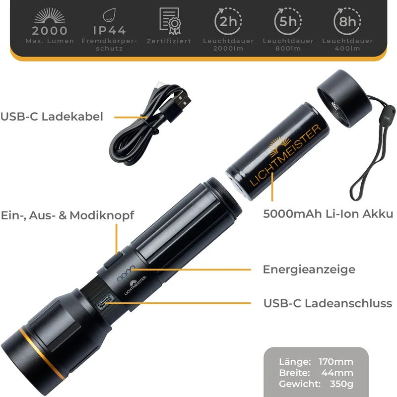 LICHTMEISTER LED Taschenlampe LM_T2000, 2000 Lumen, aufladbar