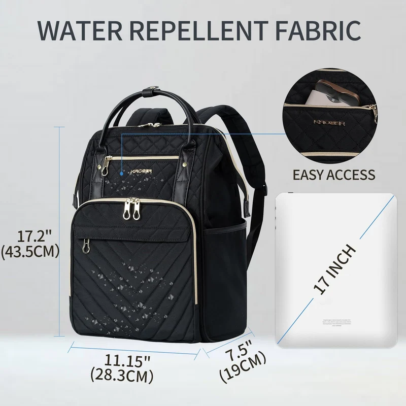 KROSER Laptop-Rucksack 17 Zoll, wasserabweisend, Schwarz Gesteppt