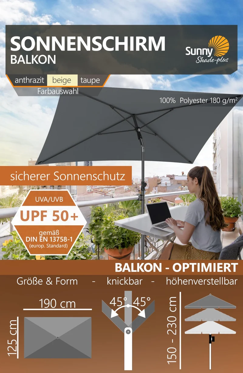Menz Sonnenschirm Balkon Set 3-in-1 Anthrazit UPF 50+ 200 x 125 cm