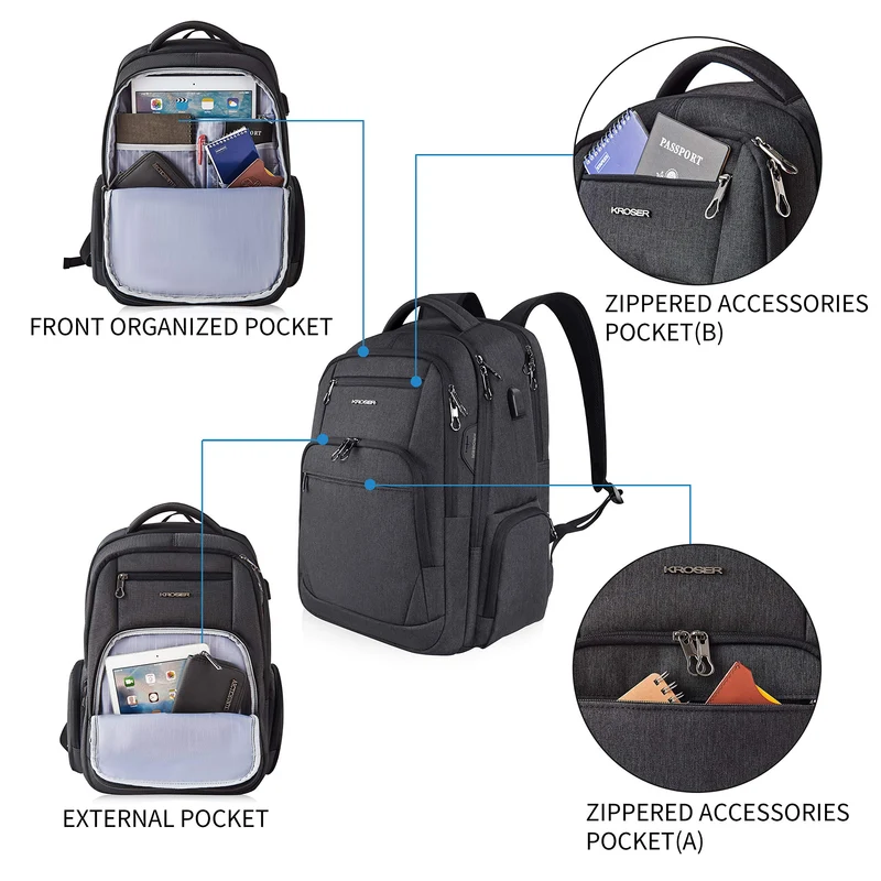 KROSER Laptop Rucksack Business 17,3 Zoll wasserabweisend Schwarz