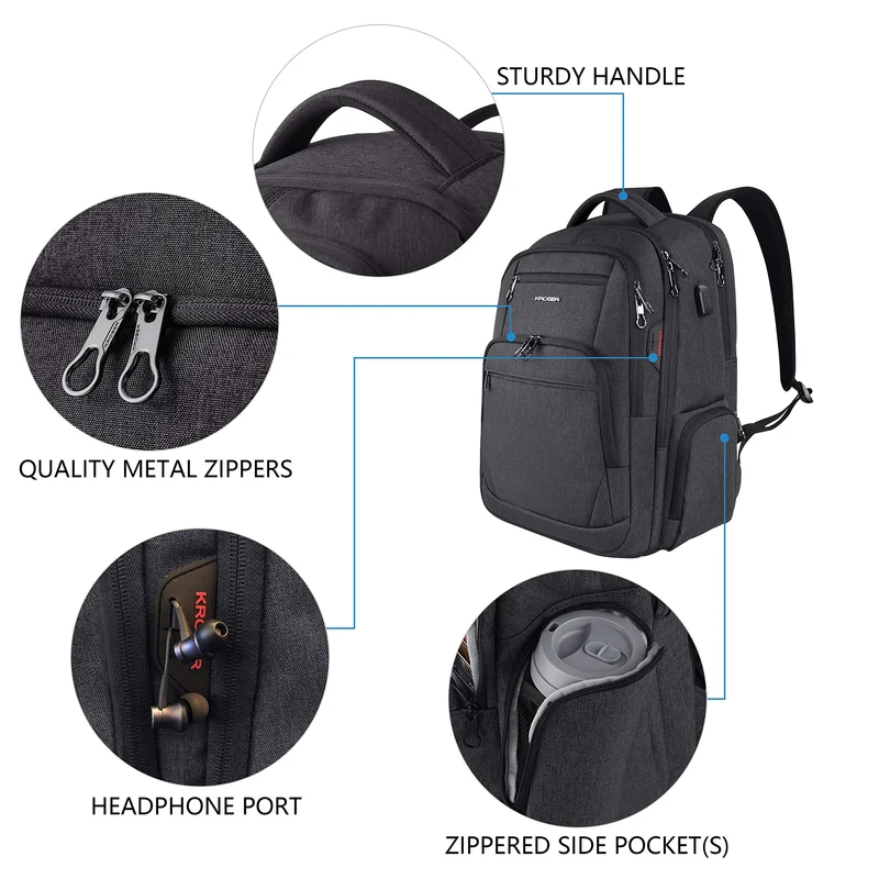 KROSER Laptop Rucksack Business 17,3 Zoll wasserabweisend Schwarz