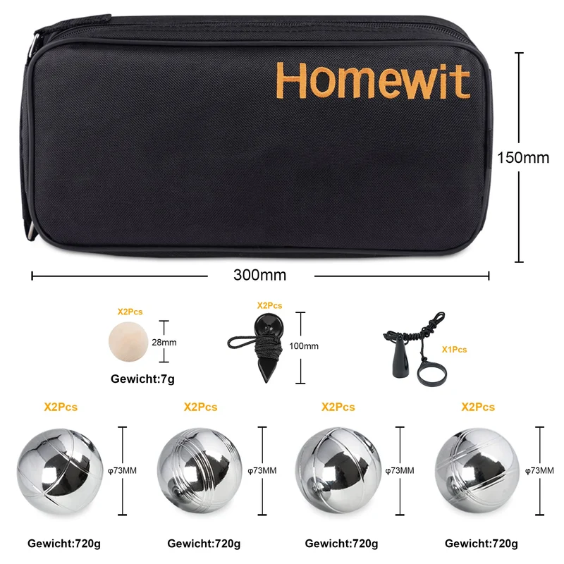 Homewit Boule Set mit 8 Metallkugeln, Petanque Spiel mit Tragetasche