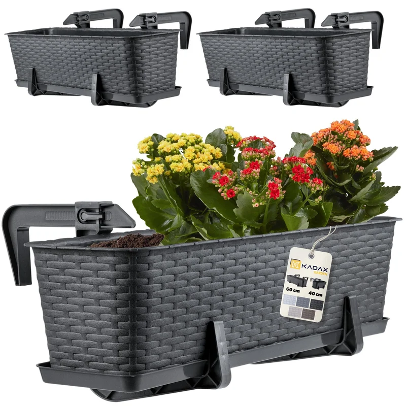 KADAX Blumenkasten 60 cm 3er Set Balkonkasten Kunststoff Anthrazit