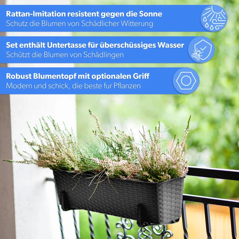 KADAX Blumenkasten 60 cm 3er Set Balkonkasten Kunststoff Anthrazit