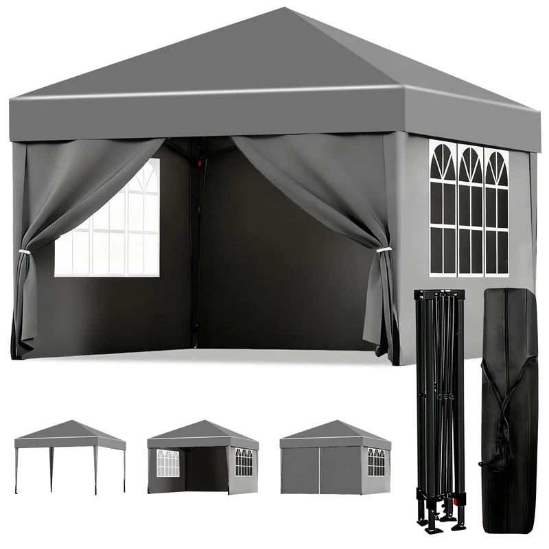 ISE Faltpavillon 3x3 m mit 4 Seitenwänden, UV-Schutz 50+, Grau