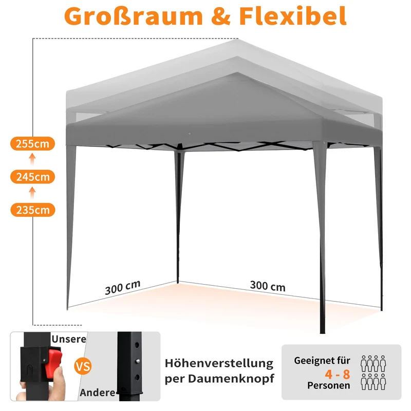 ISE Faltpavillon 3x3 m mit 4 Seitenwänden, UV-Schutz 50+, Grau