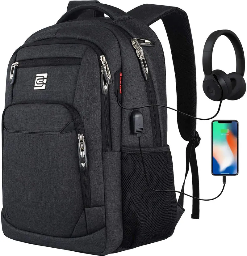 Marcello Laptop Rucksack 17,3 Zoll mit USB-Ladeanschluss, Retro-Schwar