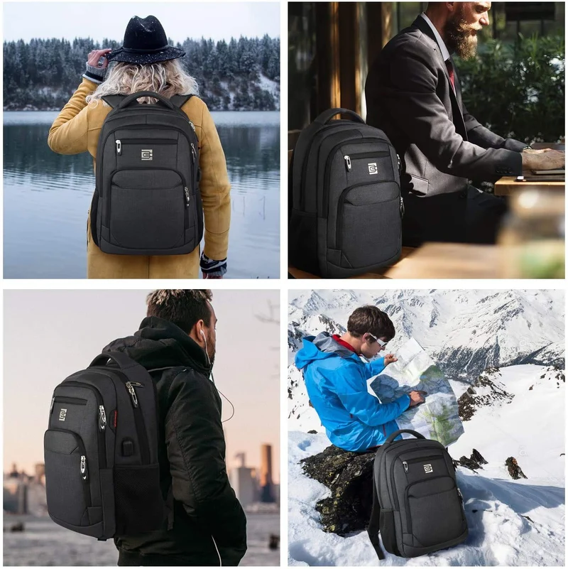 Marcello Laptop Rucksack 17,3 Zoll mit USB-Ladeanschluss, Retro-Schwar