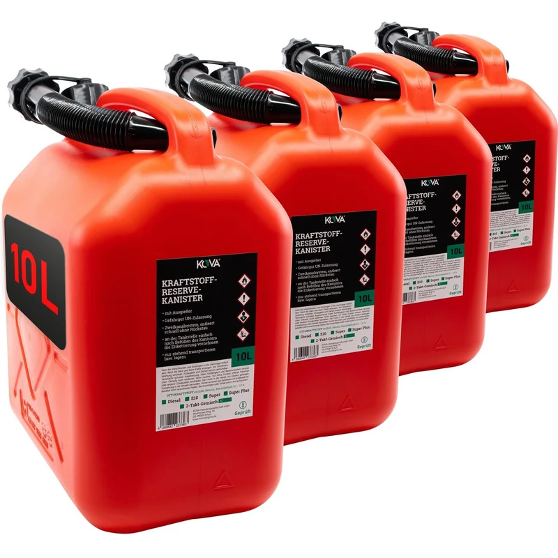 KOVA Benzinkanister 10 Liter mit Ausgiesser 4er-Set rot