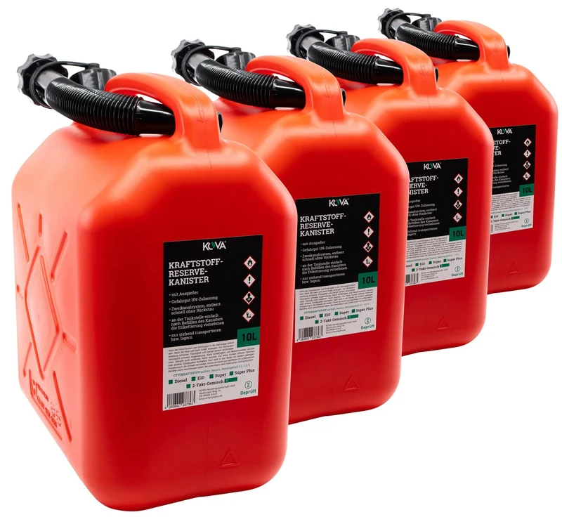 KOVA Benzinkanister 10 Liter mit Ausgiesser 4er-Set rot
