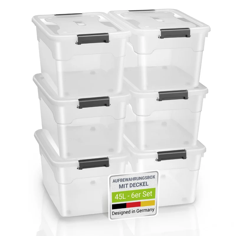 Juskys Aufbewahrungsbox mit Deckel, 6er Set, 45 Liter, transparent