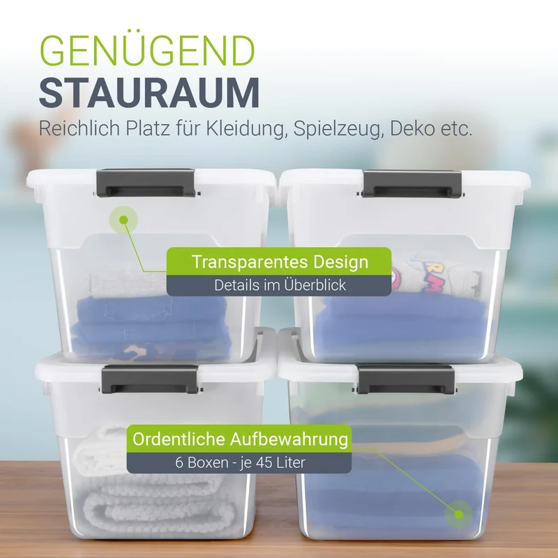 Juskys Aufbewahrungsbox mit Deckel, 6er Set, 45 Liter, transparent