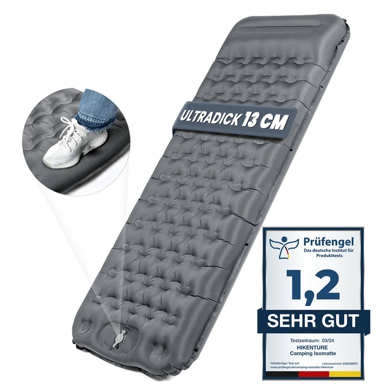 HIKENTURE Camping Isomatte aufblasbar 13 cm mit Kissen und Fusspumpe