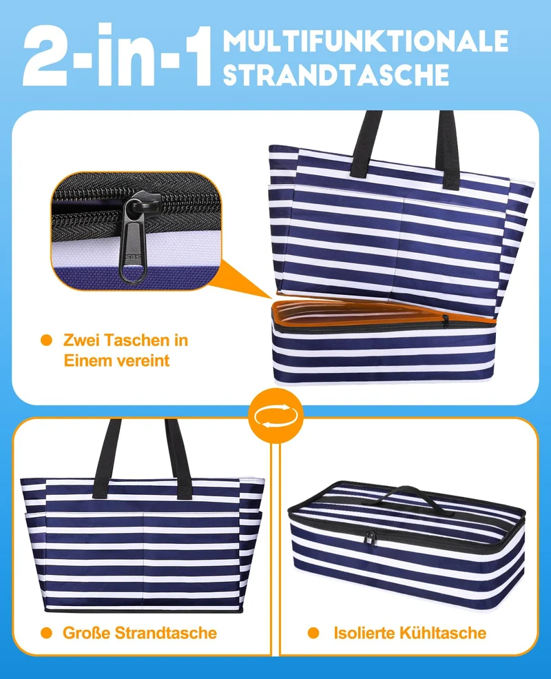 ISEYOU XXL Strandtasche mit Kühltasche, 49L, wasserdicht, faltbar