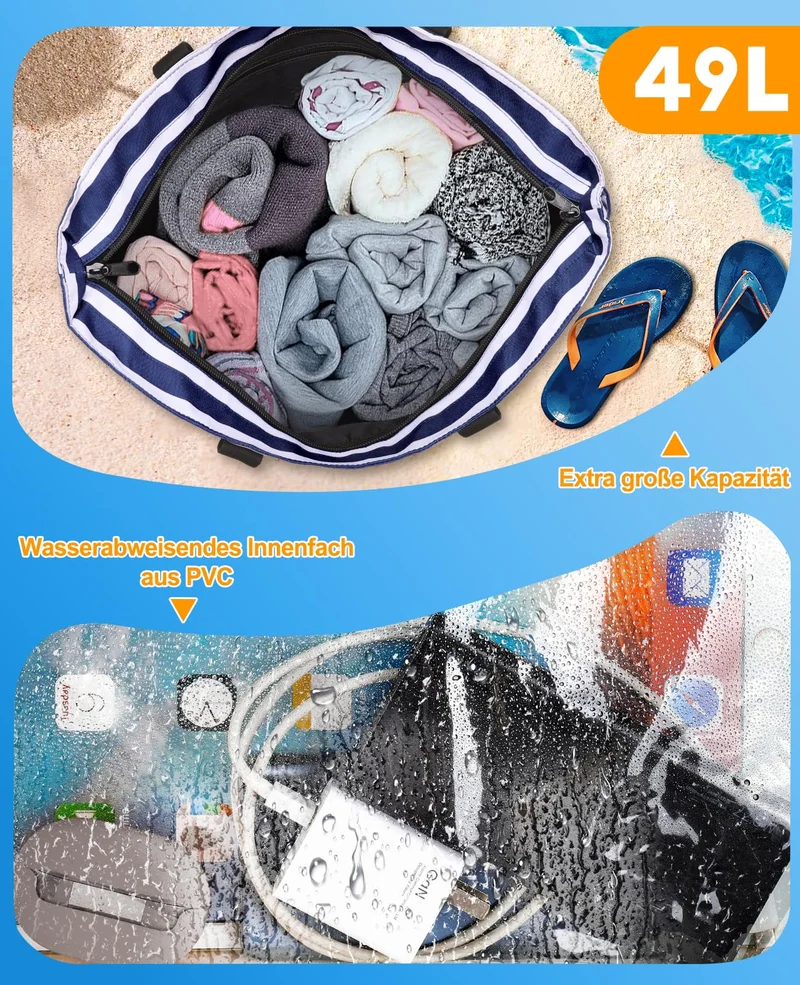 ISEYOU XXL Strandtasche mit Kühltasche, 49L, wasserdicht, faltbar