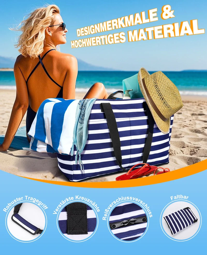 ISEYOU XXL Strandtasche mit Kühltasche, 49L, wasserdicht, faltbar