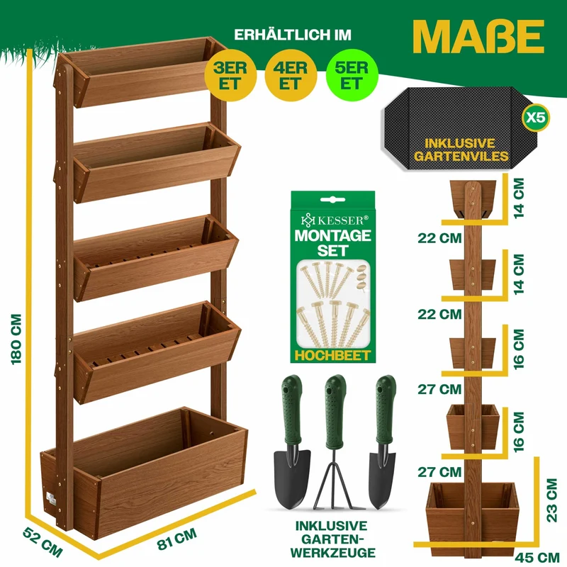 KESSER Hochbeet mit 5 Etagen aus Tannenholz, Braun, inkl. Gartenvlies