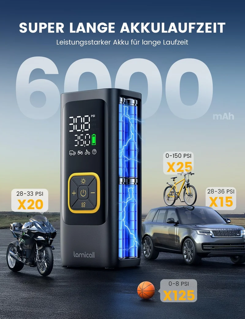 Lamicall Elektrische Luftpumpe Akku, 150 PSI Mini Kompressor