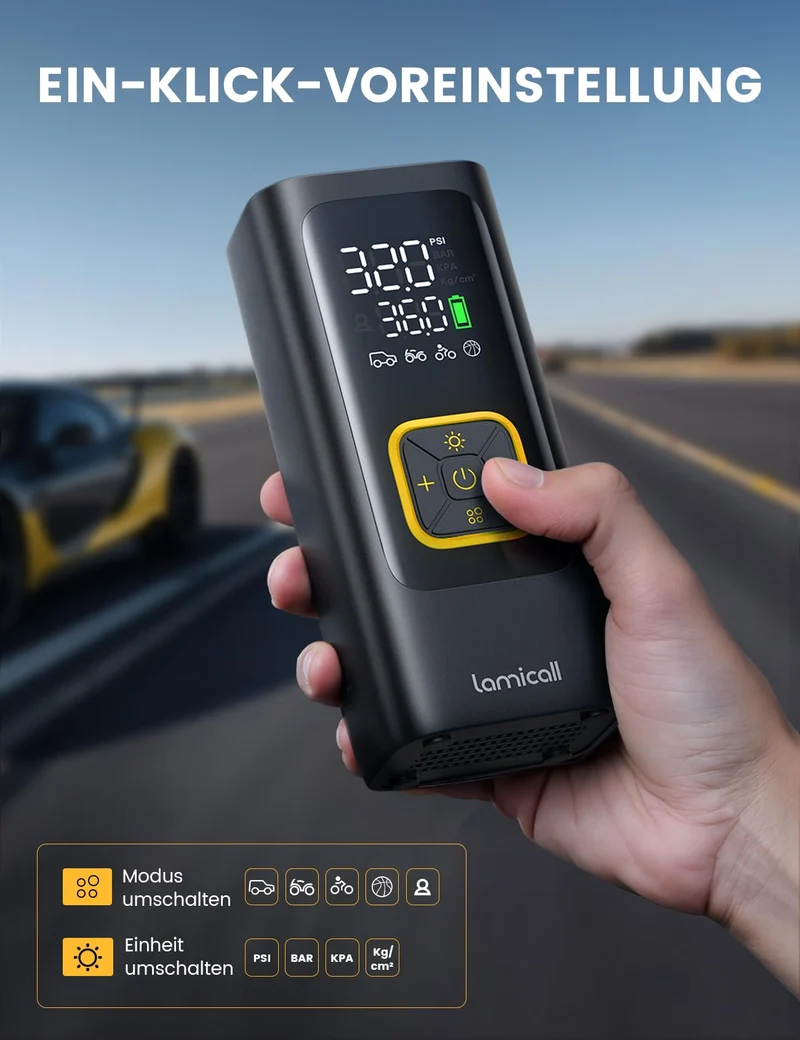 Lamicall Elektrische Luftpumpe Akku, 150 PSI Mini Kompressor