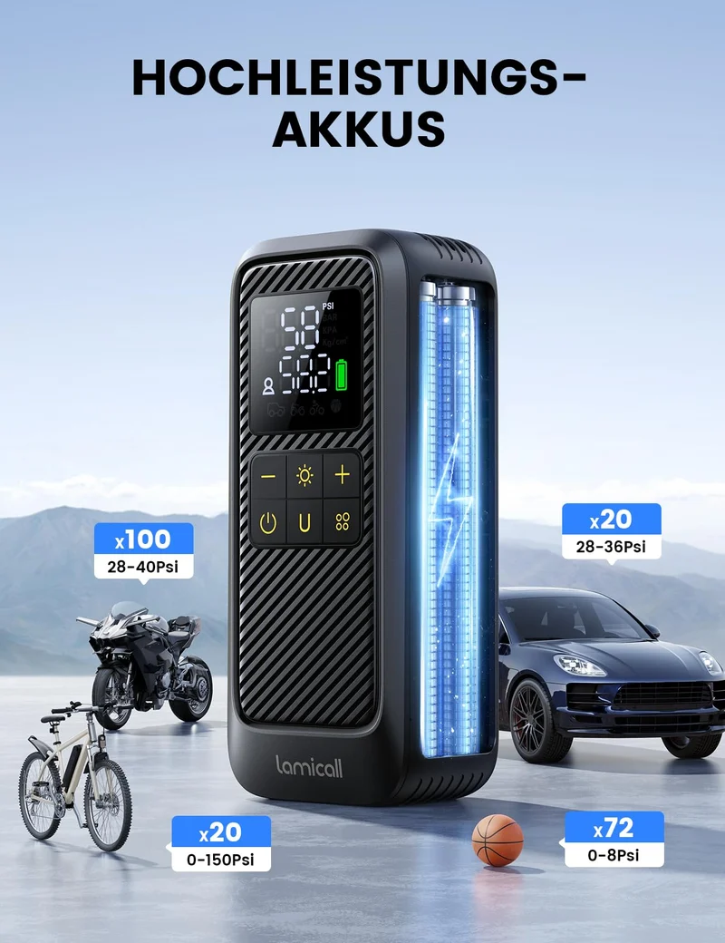 Lamicall Elektrische Luftpumpe 150 PSI, Akku-Fahrradpumpe mit LED