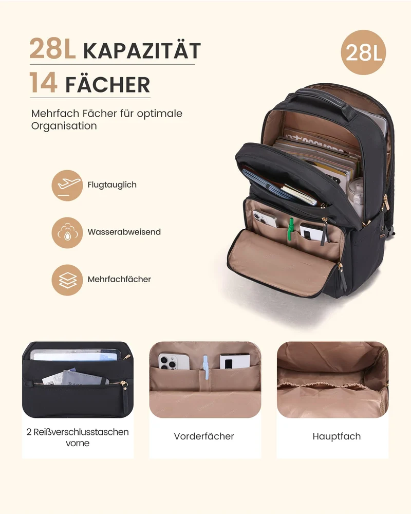 LOVEVOOK Laptop Rucksack Damen 17 Zoll, wasserabweisend, Schwarz