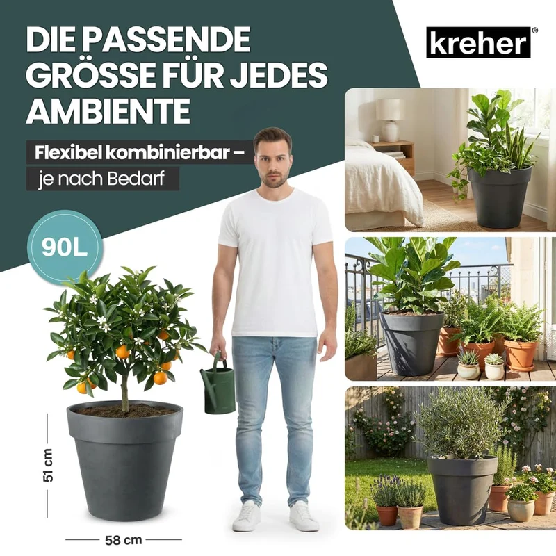 Kreher XL Pflanzkübel rund mit Rollen, 58 cm, Anthrazit, 2er-Set
