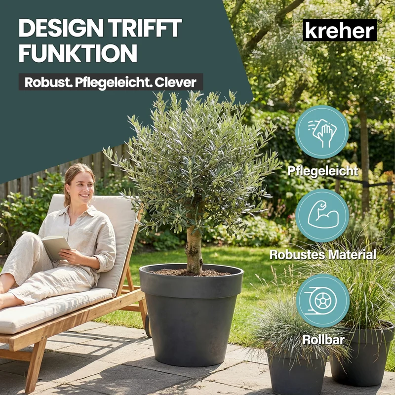 Kreher XL Pflanzkübel rund mit Rollen, 58 cm, Anthrazit, 2er-Set