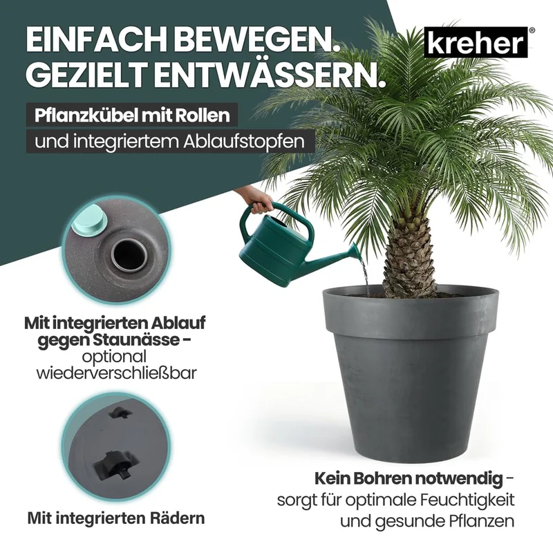 Kreher XXL Pflanzkübel rund mit Rollen, 79 cm, Anthrazit, 2er Set