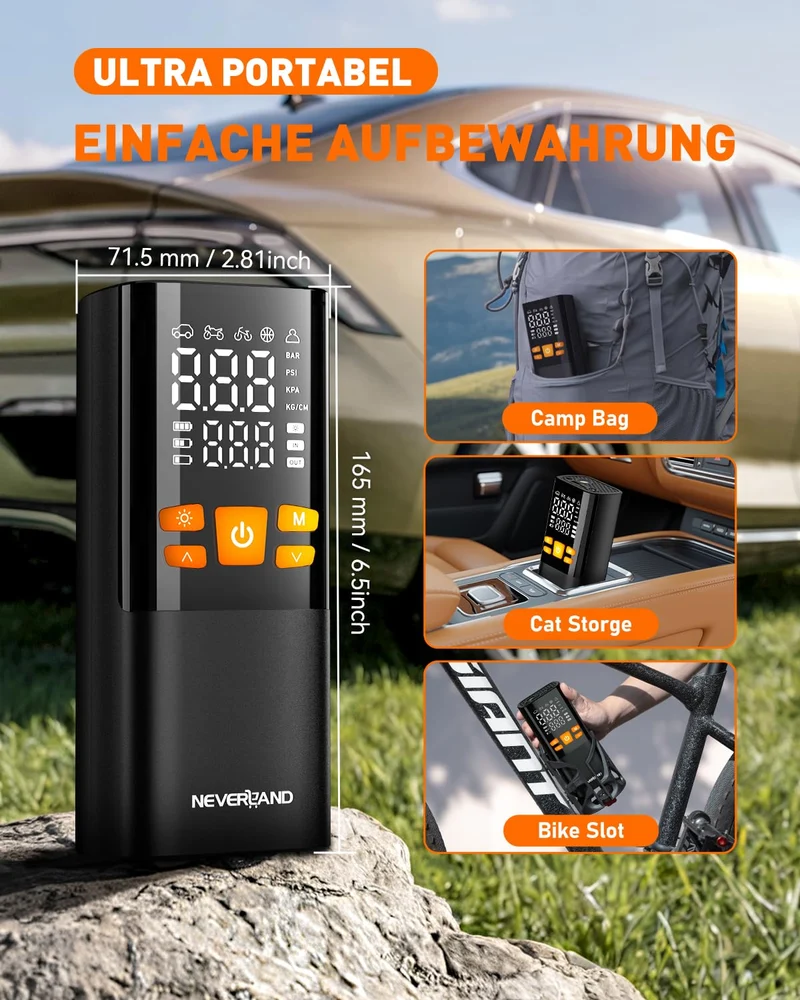 NEVERLAND Elektrische Luftpumpe Akku Kompressor 150 PSI mit Powerbank