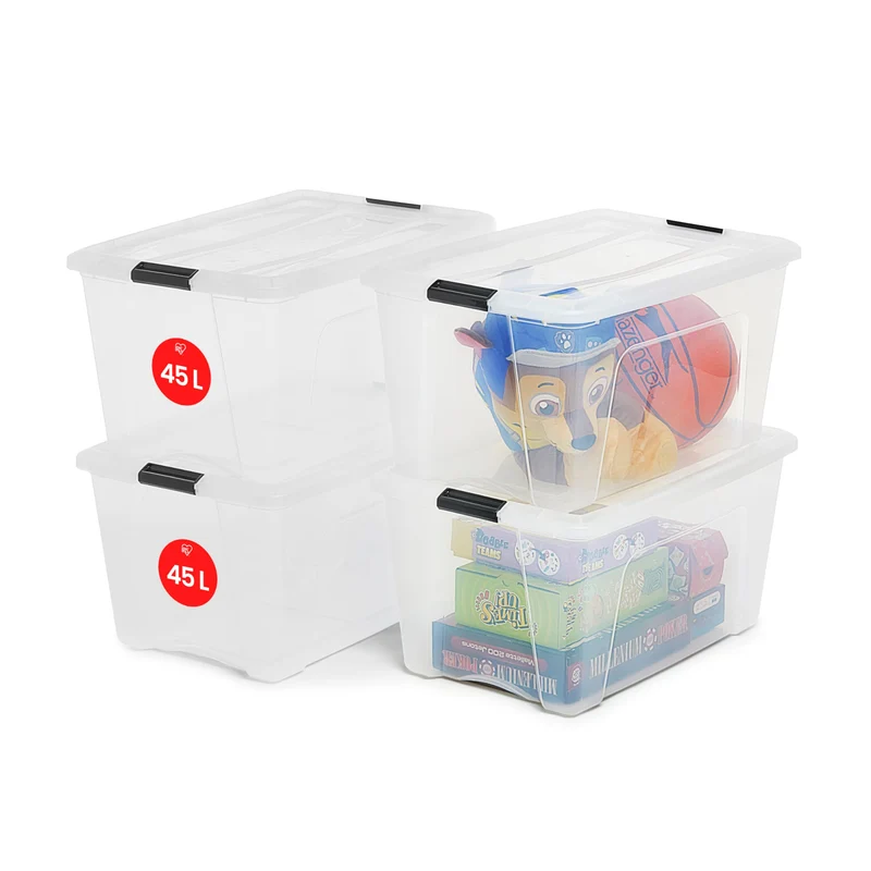 Iris Ohyama Aufbewahrungsbox mit Deckel, 45 L, 4er-Set, transparent