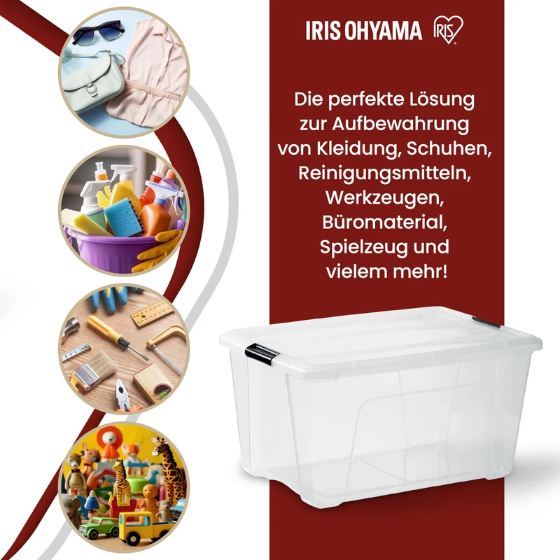 Iris Ohyama Aufbewahrungsbox mit Deckel, 45 L, 4er-Set, transparent