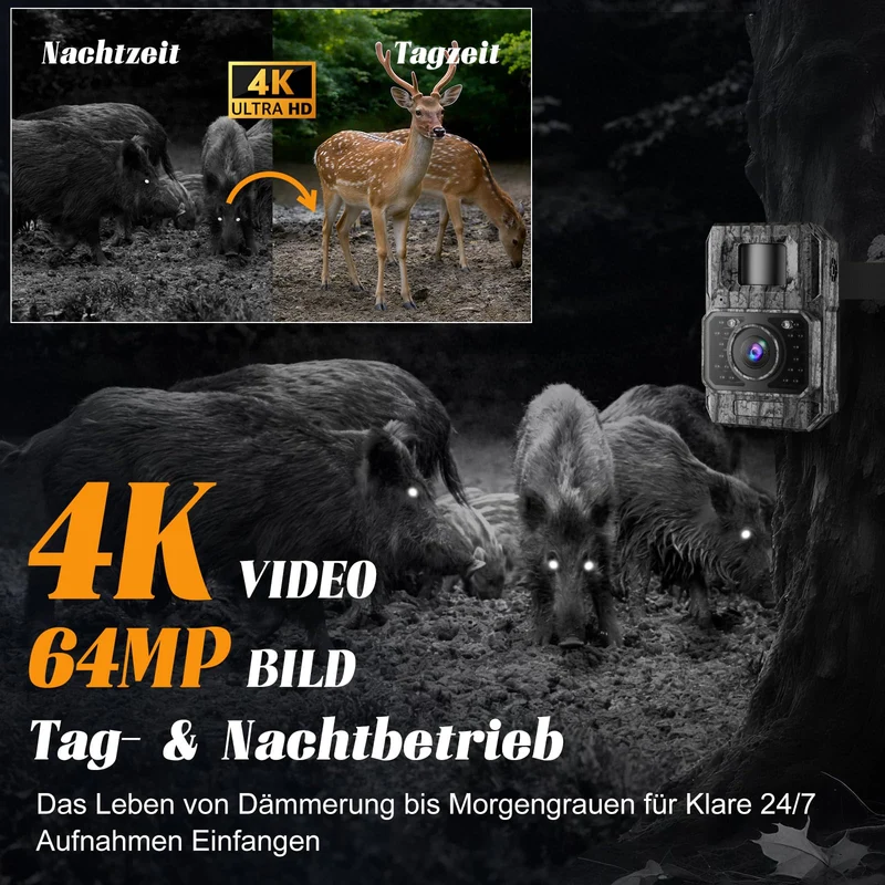 MAXDONE Wildkamera 4K 64MP mit WLAN, Nachtsicht und 6000mAh Akku