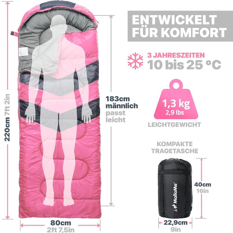 MalloMe Campingschlafsack für Erwachsene und Kinder, pink