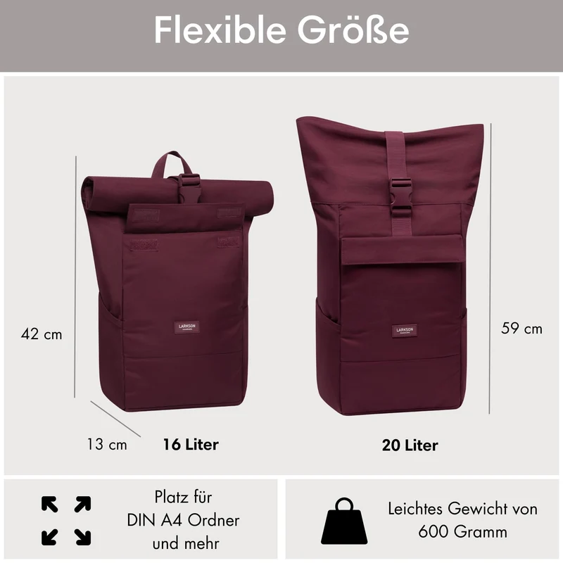 LARKSON No 4 Rolltop Rucksack Rot mit Laptopfach, 20 Liter