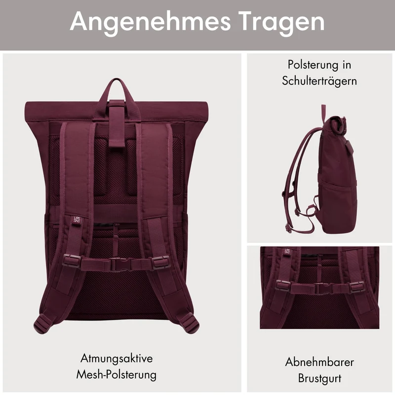 LARKSON No 4 Rolltop Rucksack Rot mit Laptopfach, 20 Liter
