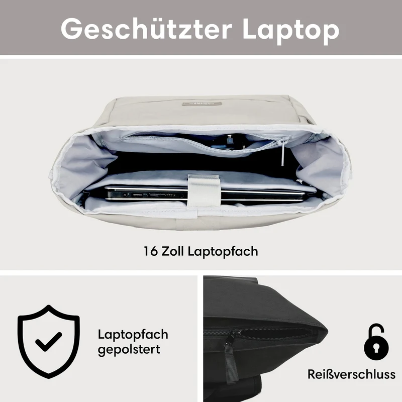 LARKSON No 4 Rolltop Rucksack mit Laptopfach, beige-grau
