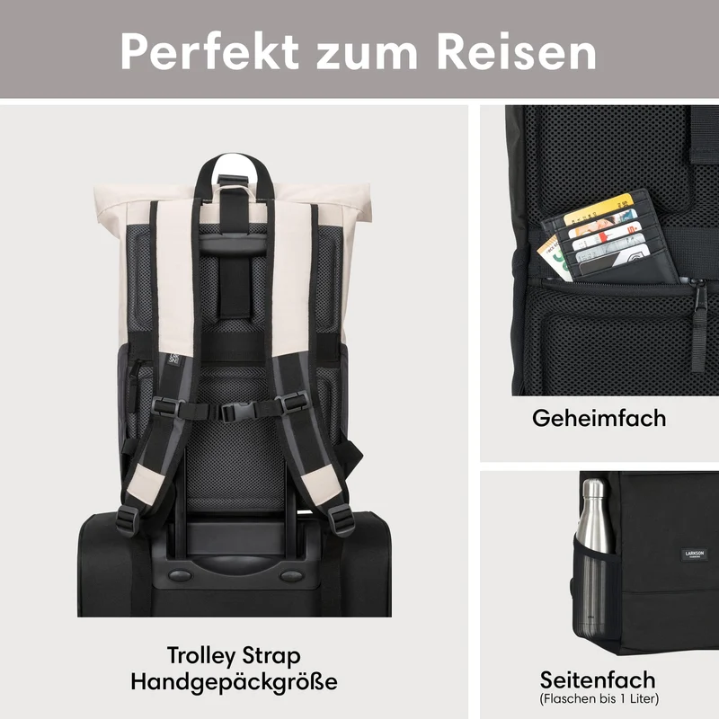 LARKSON No 4 Rolltop Rucksack mit Laptopfach, beige-grau