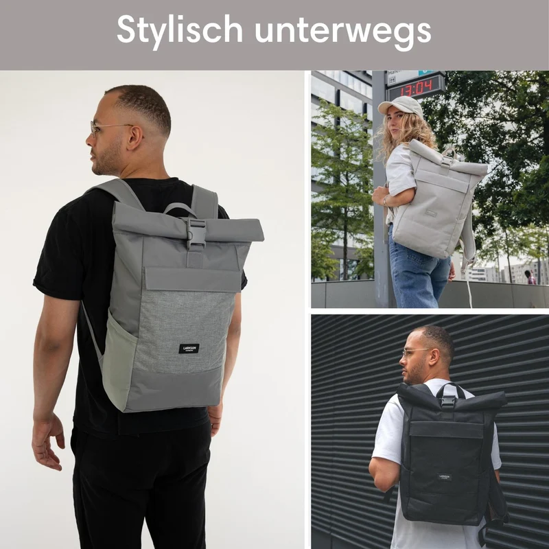 LARKSON No 4 Rolltop Rucksack Grau mit Laptopfach, wasserabweisend