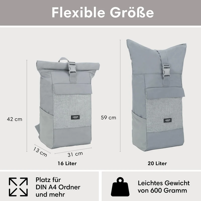LARKSON No 4 Rolltop Rucksack Grau mit Laptopfach, wasserabweisend