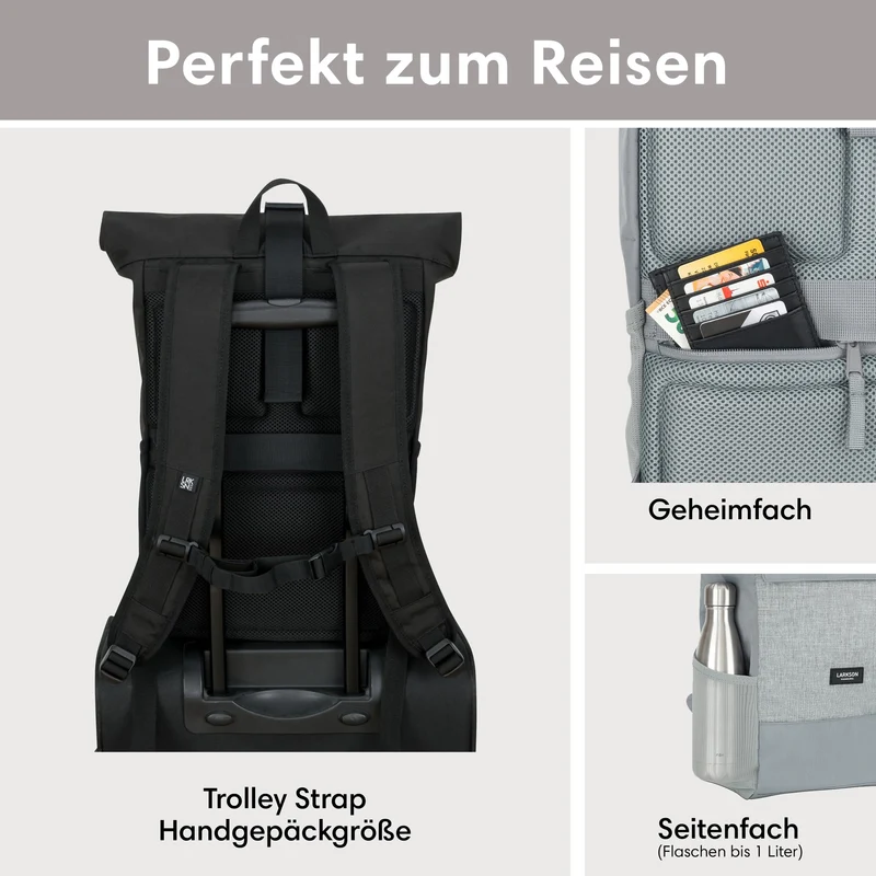 LARKSON No 4 Rolltop Rucksack Grau mit Laptopfach, wasserabweisend