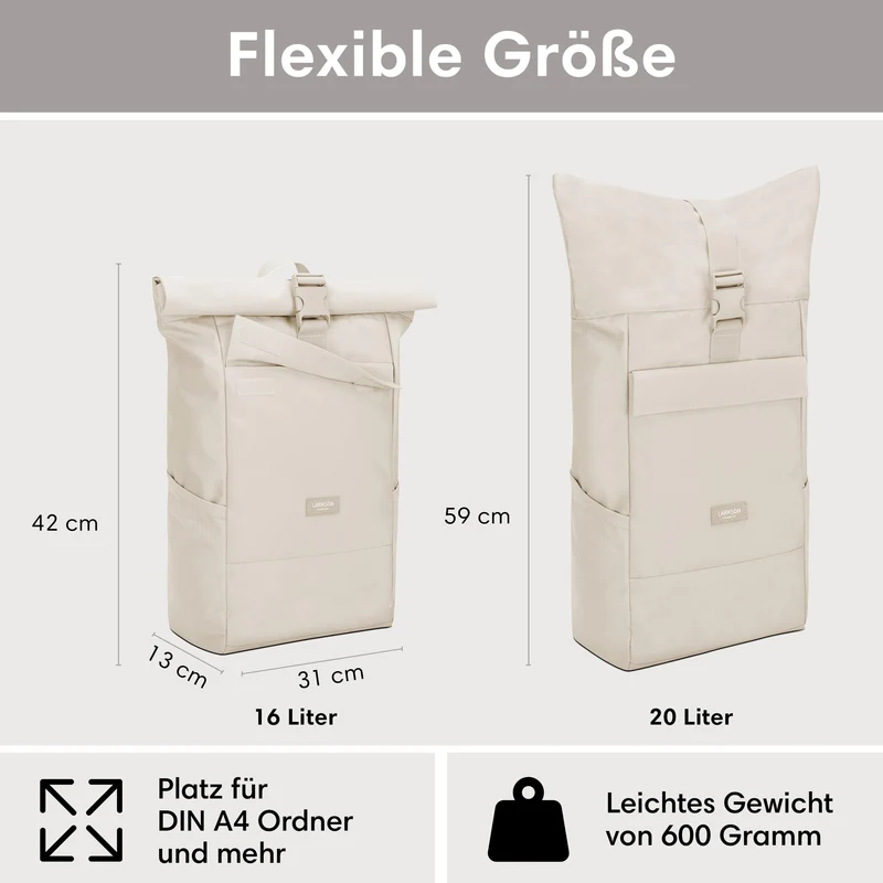 LARKSON No 4 Rolltop Rucksack Beige mit Laptopfach, wasserabweisend