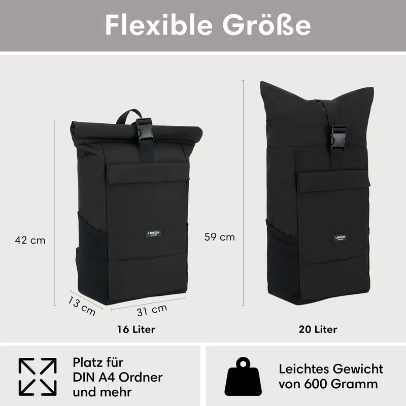 LARKSON No 4 Rolltop Rucksack schwarz mit Laptopfach bis 16 Zoll